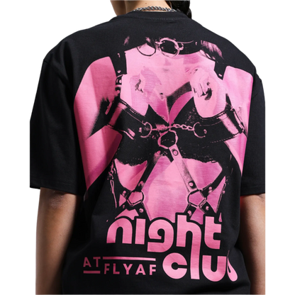 Night Club Round Neck Printed Black T-Shirt FLYAF