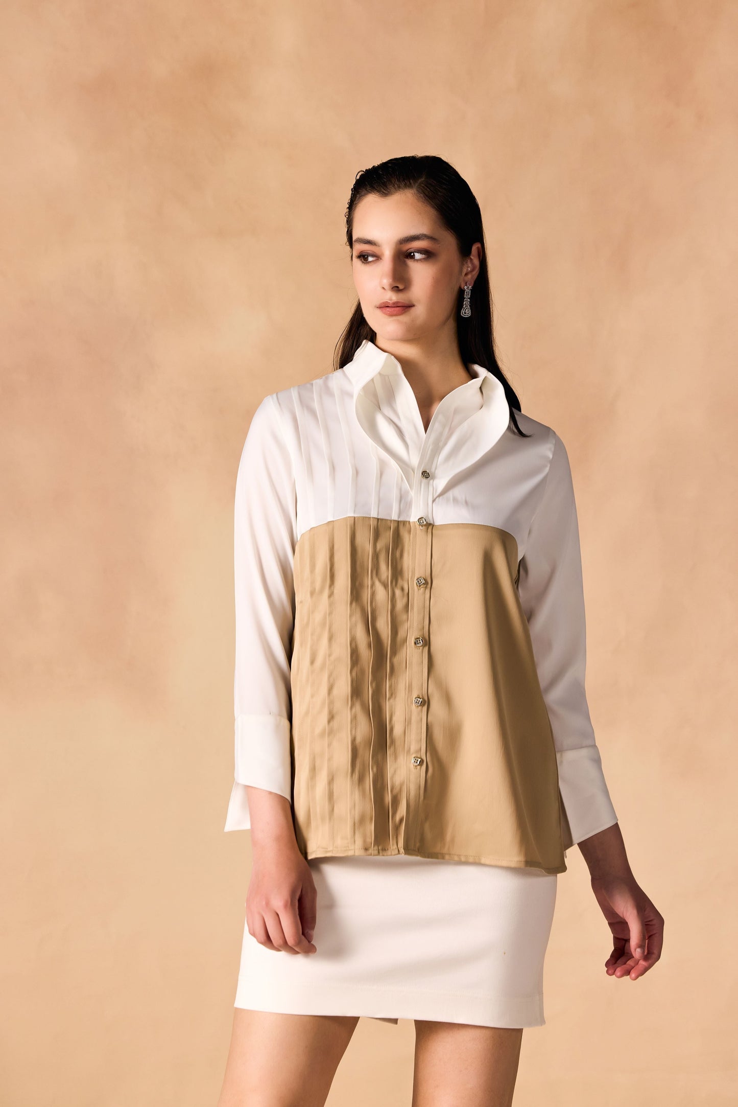 Two Tone Pintuck Pleated Button-up Satin Shirt