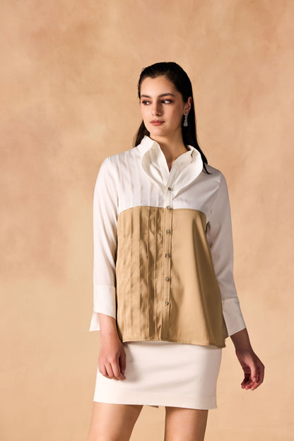 Two Tone Pintuck Pleated Button-up Satin Shirt