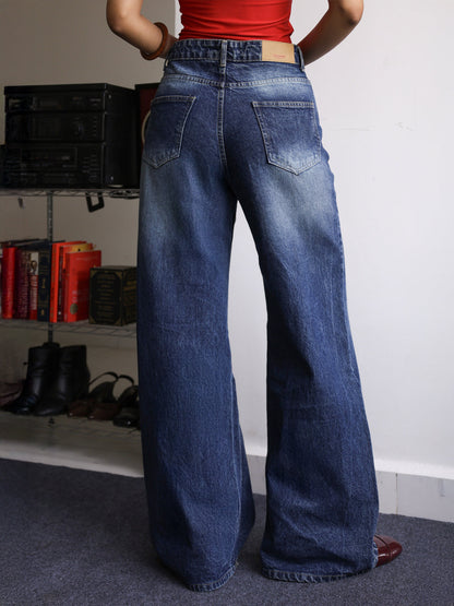 Dark Slate Blue Washed Super Wide Leg Jeans