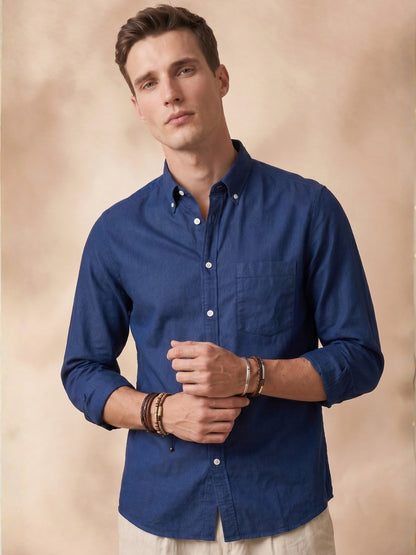 Regular Fit Navy Blue Cotton Solid Casual Shirt for Men (THEO)