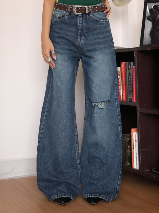 Dive Blue Washed Ripped Super Wide Leg Jeans