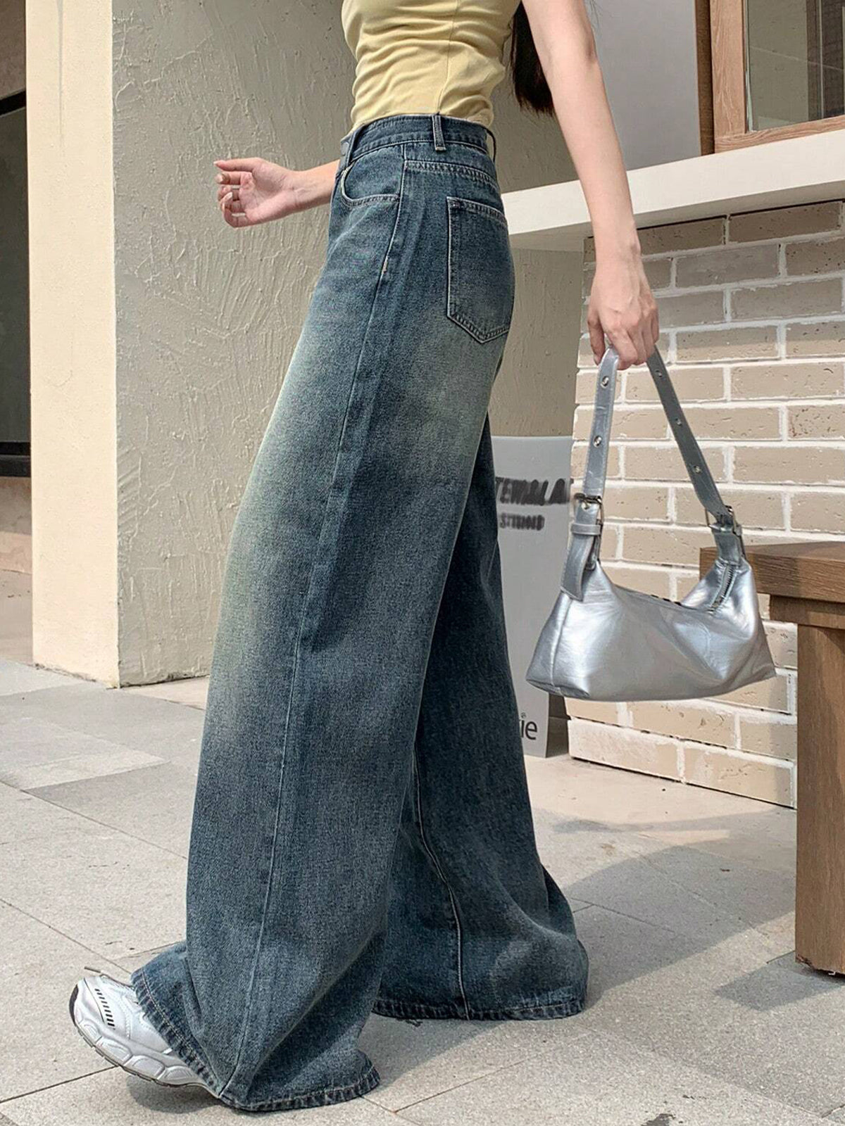 Vintage Dusty Aqua Blue Washed Wide Leg Jeans