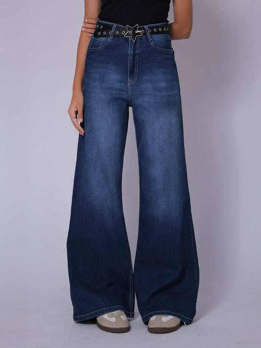 Luxe Premium Midnight Blue Washed Stretchable Wide Leg Jeans