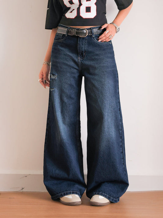 Deep Ocean Blue Ripped Ultra Wide Leg Jeansâ€¨â€¨