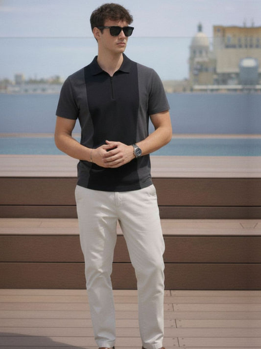 Men Black Polo Collar Colourblocked Cotton Half Sleeve Zipper T-shirt