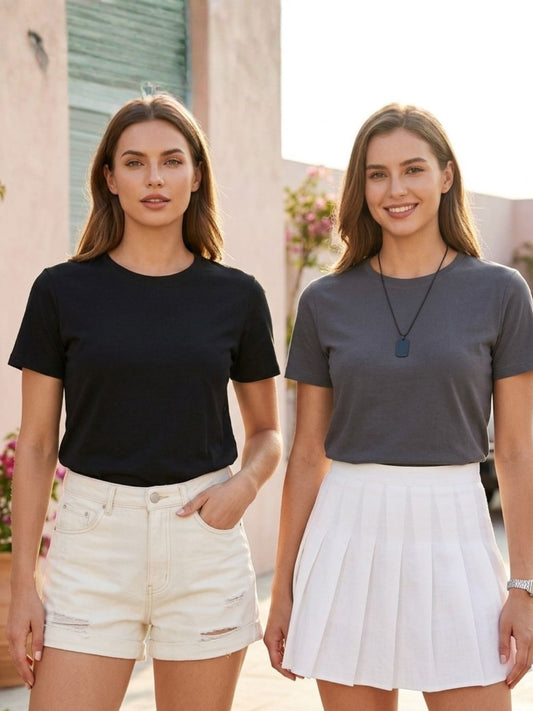 Womens Pack of 2 Black And Dark Grey Solid Cotton Round Neck Regular Fit T-Shirt