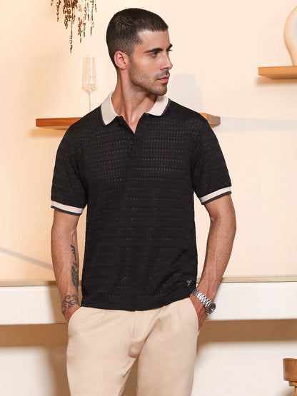 Black Textured Polo T-shirt with Contrast Tipping