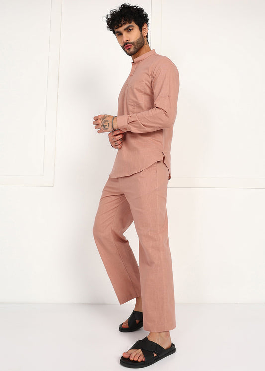 Men's Peach Linen Short Kurta Set