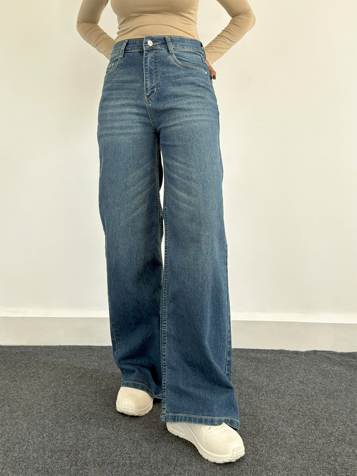 Luxe Vintage Aqua Blue Cat Whisker Stretchable Wide Leg Jeans