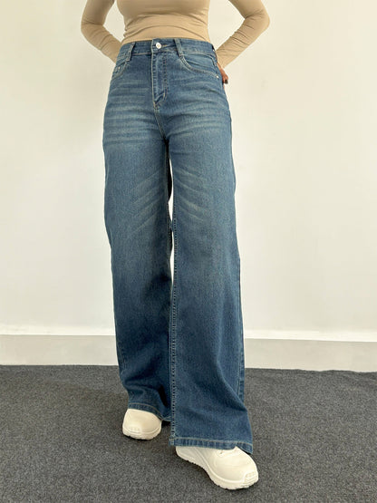 Luxe Vintage Aqua Blue Cat Whisker Stretchable Wide Leg Jeans
