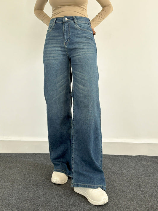 Luxe Vintage Aqua Blue Cat Whisker Stretchable Wide Leg Jeans