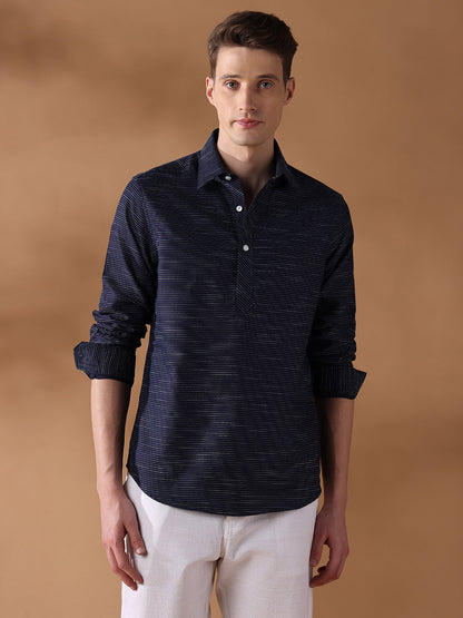 Navy Blue Regular Fit Stripes Casual Shirt for Men (LESSA)