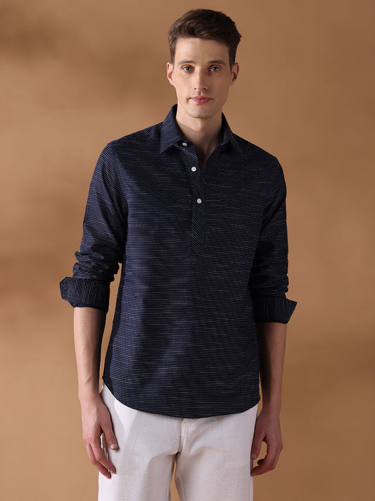 Navy Blue Regular Fit Stripes Casual Shirt for Men (LESSA)