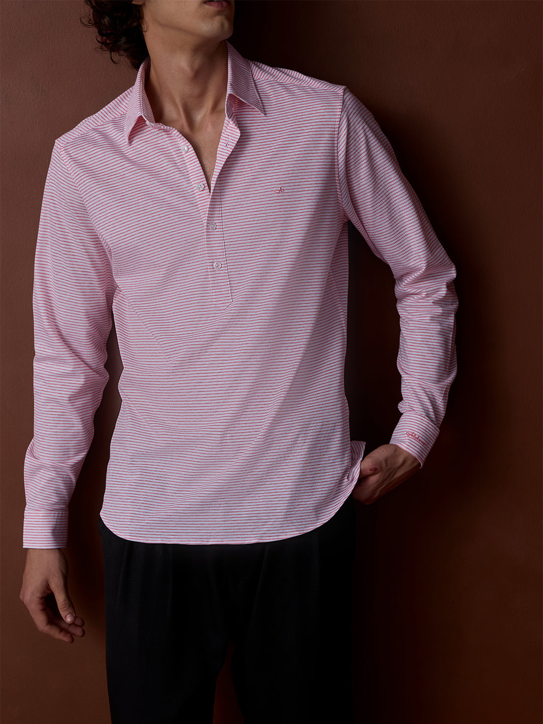 Pink Regular Fit Striped Casual Knit Shirt for Men (LAKO)