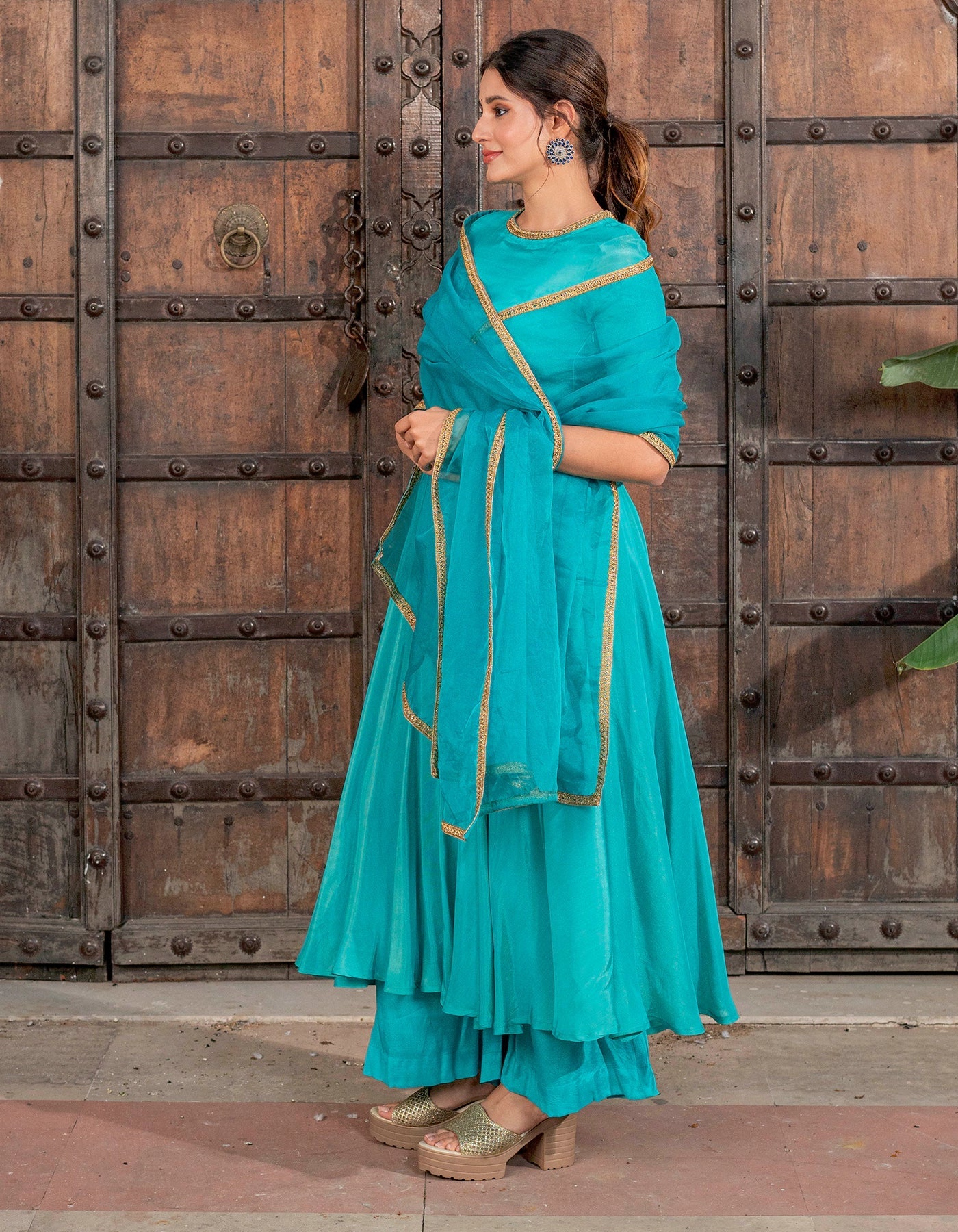Teal Blue Solid Suit Set