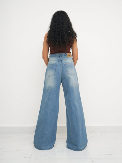 Faded Blue Washed Ultra Wide Leg Jeans