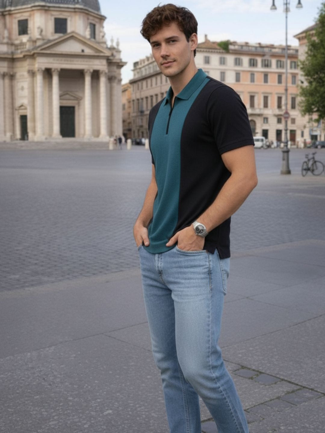 Men Teal Polo Collar Colourblocked Cotton Half Sleeve Zipper T-shirt