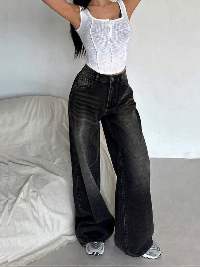 Retro Black Washed Super Wide Leg Jeans