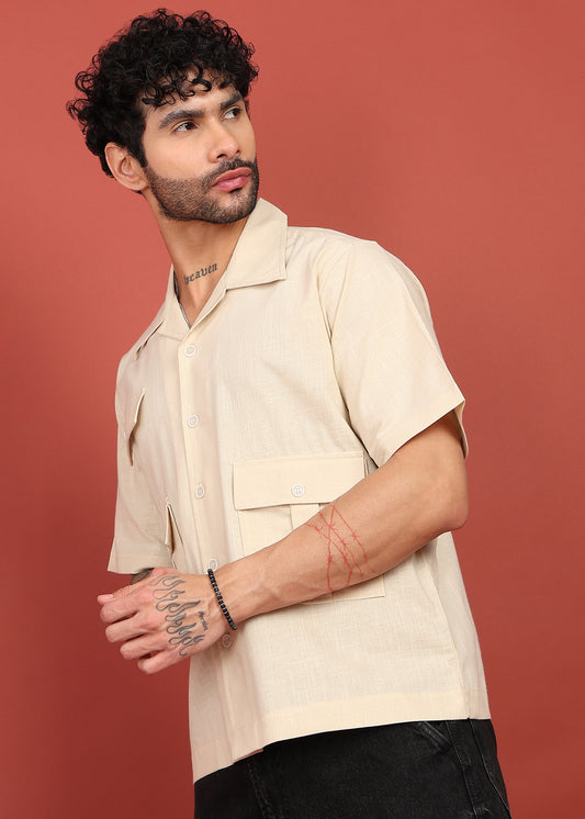 Menâ€™s Cream Shirt with 3 Pockets â€“ Relaxed Fit