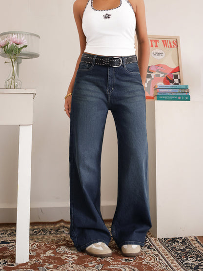 Deep Current Blue Washed Stretchable Wide Leg Jeans