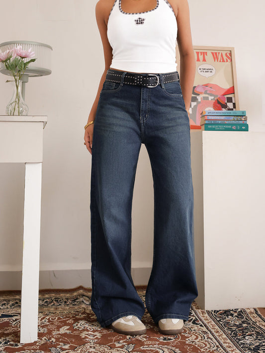 Deep Current Blue Washed Stretchable Wide Leg Jeans