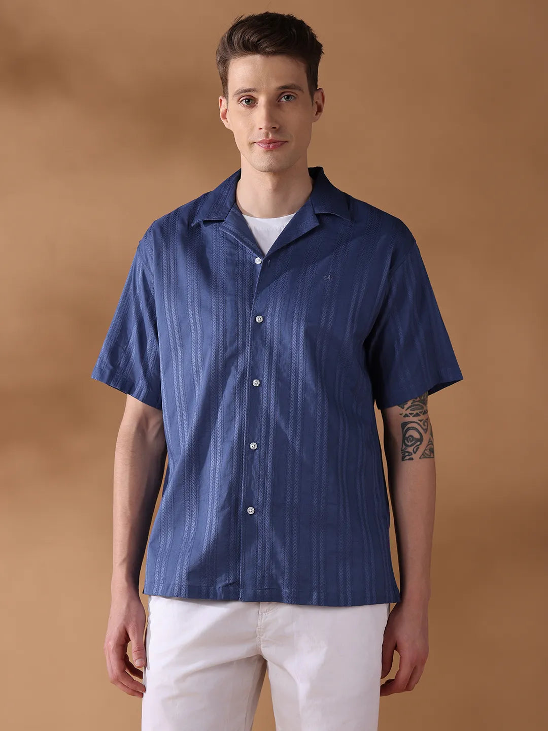 Navy Blue Regular Fit Stripes Casual Shirt for Men (NAZAR)