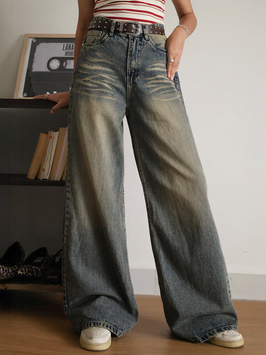 Grunge Blue Dirty Wash Super Wide Leg Jeans