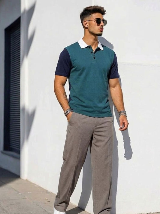 Men Colourblock Teal Blue Polo Neck Half Sleeve Cotton T-Shirt