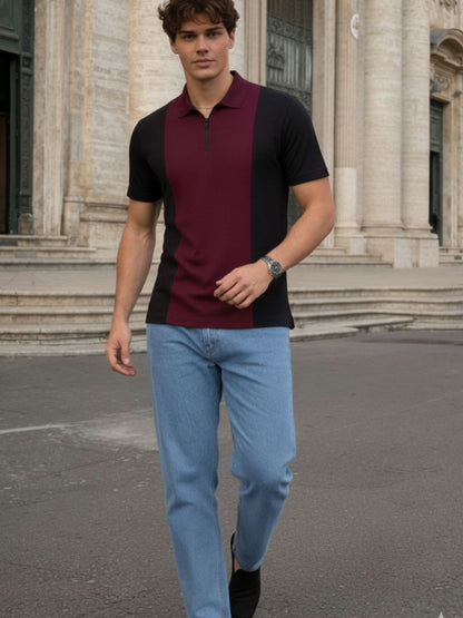 Men Wine Polo Collar Colourblocked Cotton Half Sleeve Zipper T-shirt