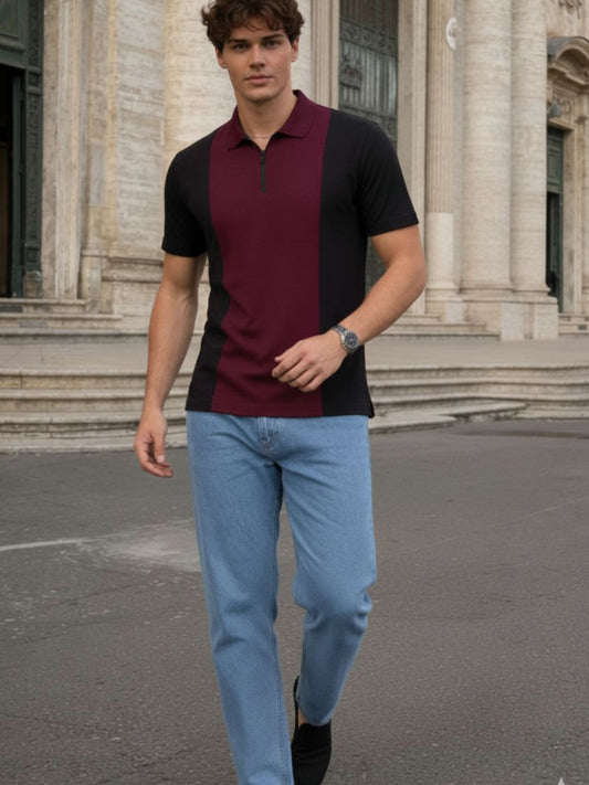 Men Wine Polo Collar Colourblocked Cotton Half Sleeve Zipper T-shirt