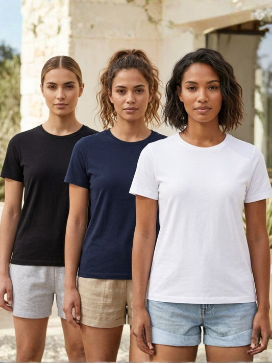 Womens Pack of 3 Solid Cotton Round Neck Regular Fit Sports T-Shirts