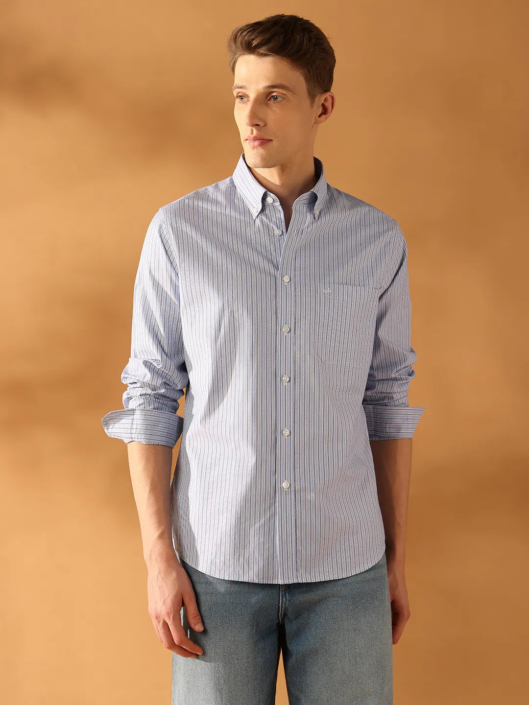 Blue Regular Fit Stripes Formal Shirt for Men (OVULO)