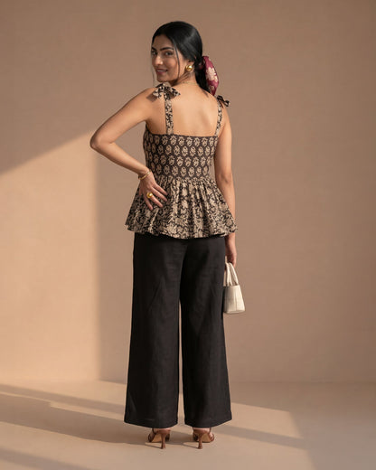Black Floral Cotton Peplum Top