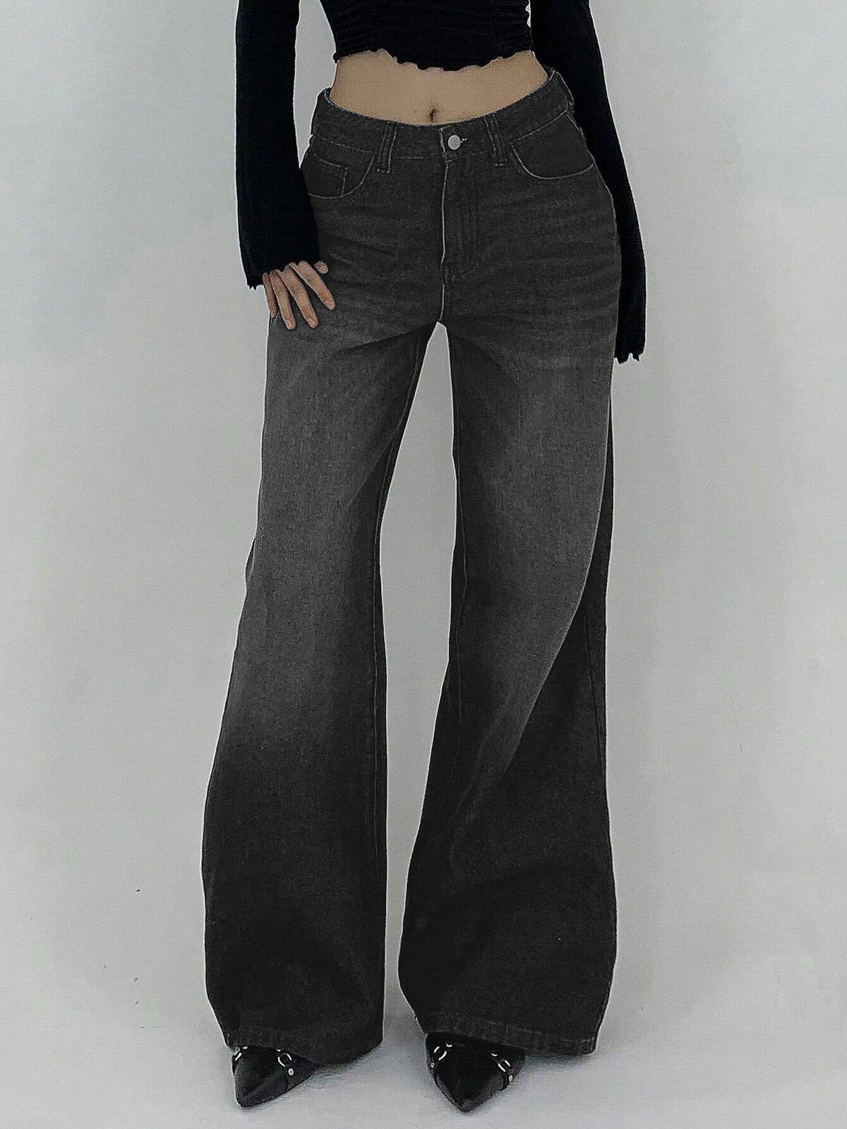 Space Black Washed Wide Leg Jeans