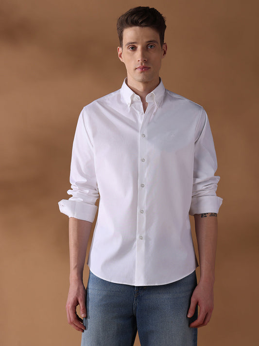 White Regular Fit Solid Casual Shirt for Men (LEONA)