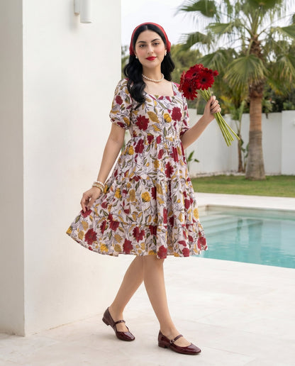 Off White Animated Floral Dress