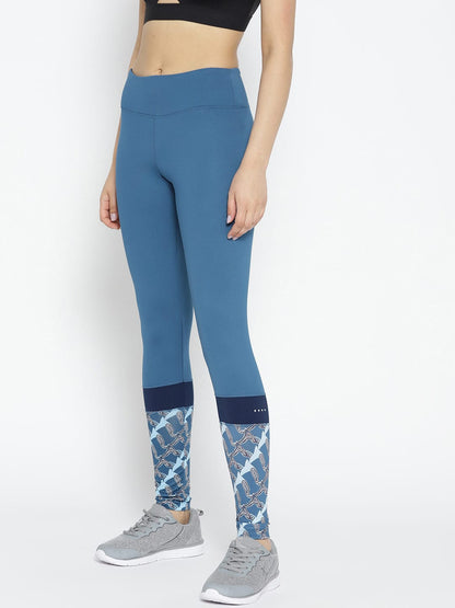 Alcis Women Teal Blue Solid Running Tights with Printed Detail