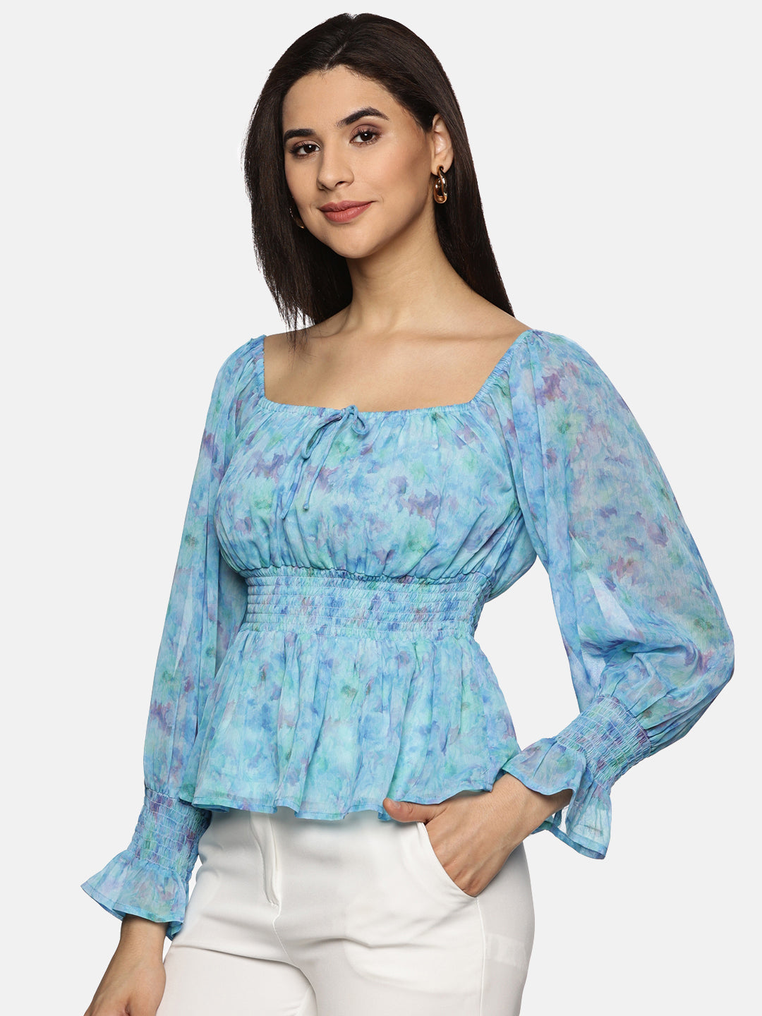 Buy Full Sleeve Peplum Top For Women In Blue