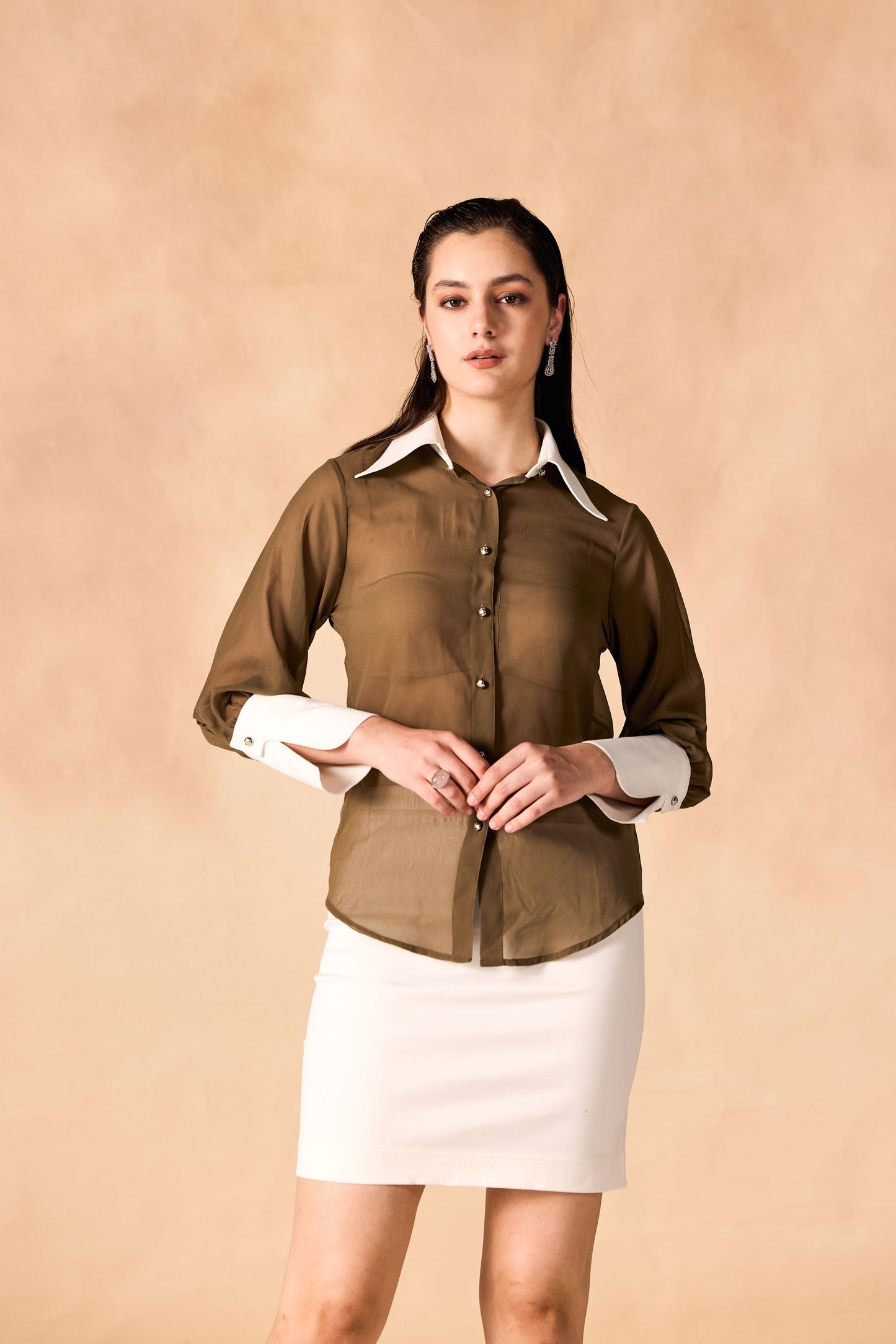 Button-Up Contrast Trim Georgette Sheer Shirt