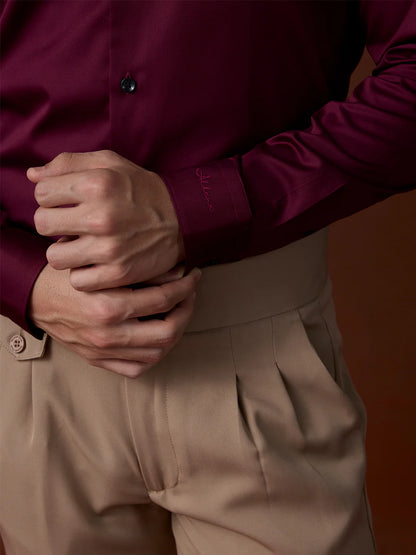 Maroon Slim Fit Solid Formal Satin Shirt
