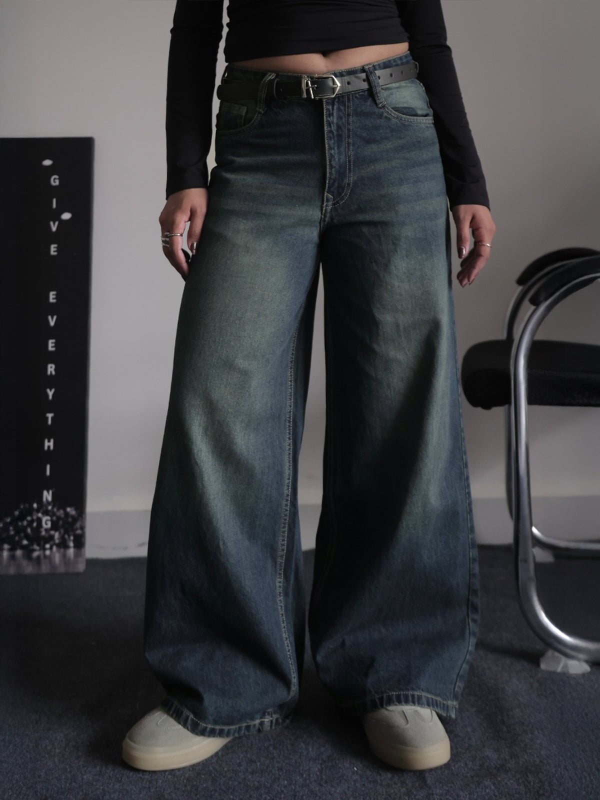 Retro Street Blue Tinted Wide Leg Jeans