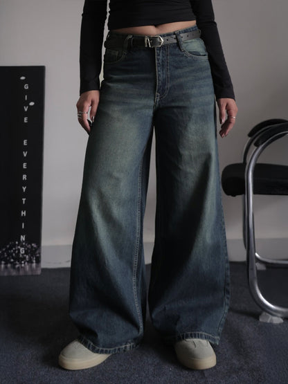 Retro Street Blue Tinted Wide Leg Jeans