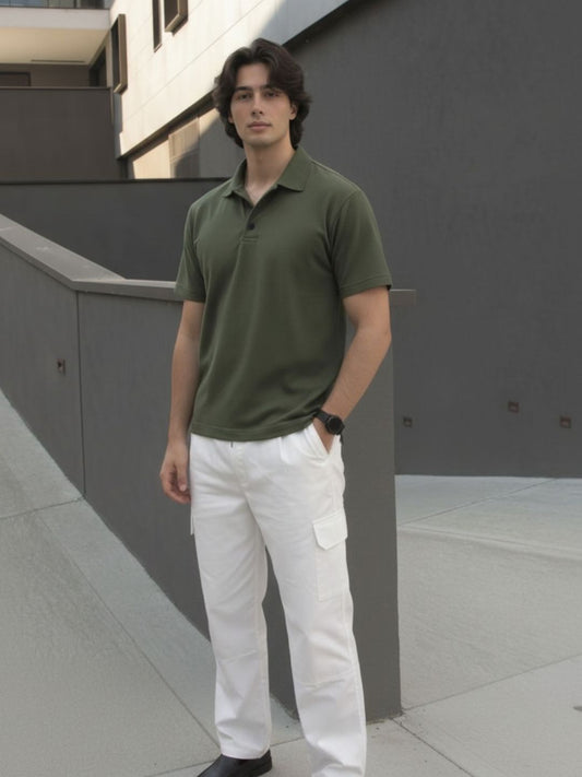 Men Solid Army Green Cotton Polo Collar Half Sleeve Regular Fit T-Shirt