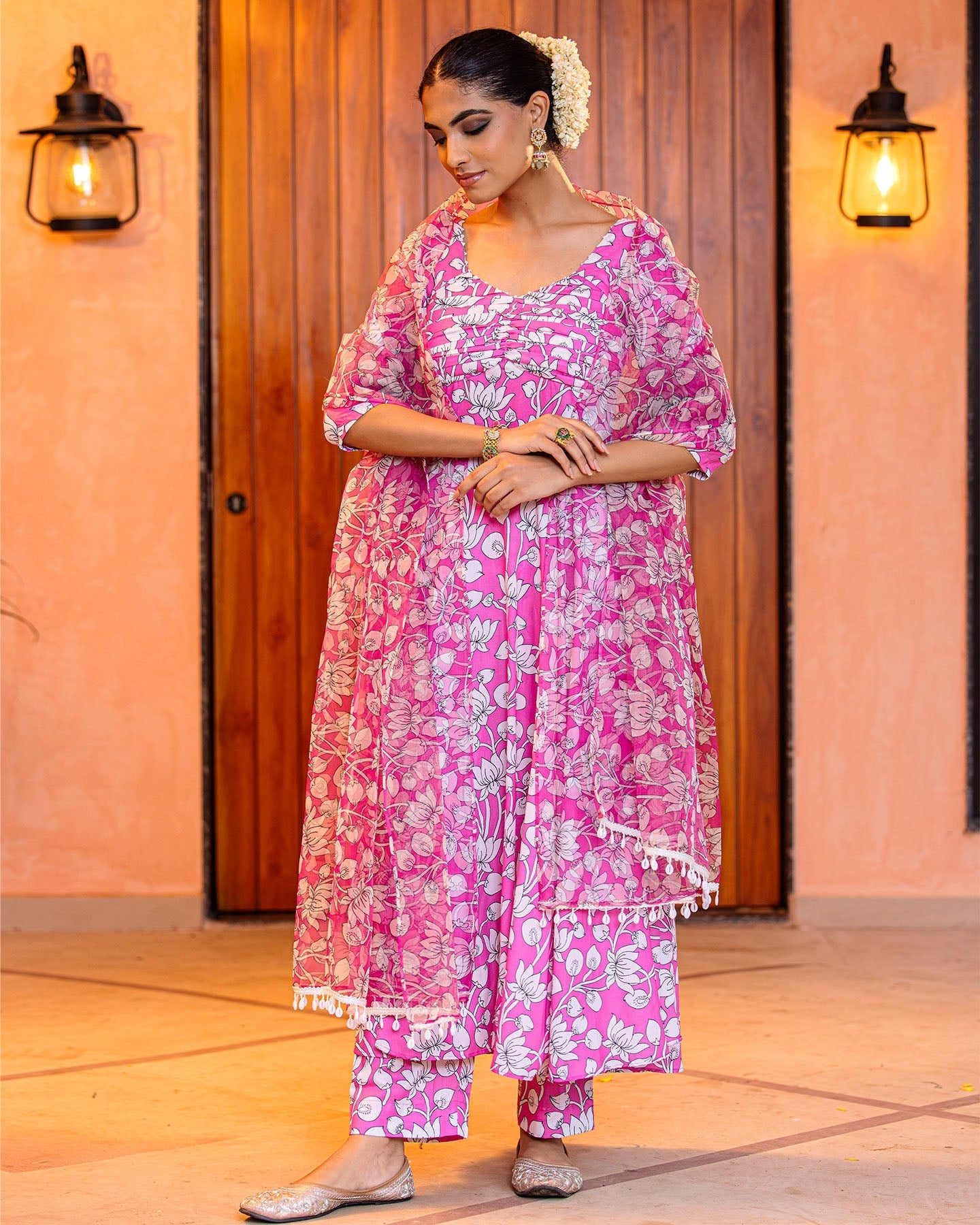 Pink Floral Muslin Suit Set