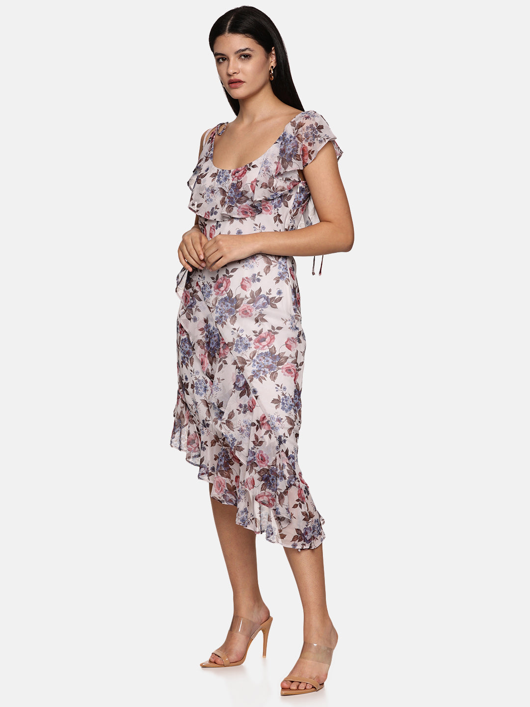 Printed Ruffled Strap Midi Dress