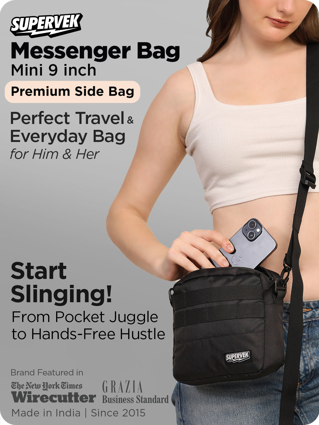 Woman using Supervek mini "Messenger" bag in black, crossbody side bag ideal for travel and everyday essentials