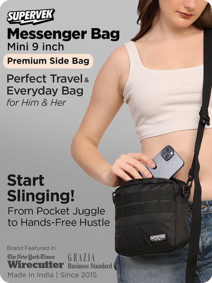 Woman using Supervek mini "Messenger" bag in black, crossbody side bag ideal for travel and everyday essentials