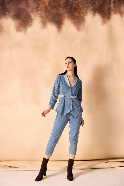 One Button Jacket & Pant Acid Washed Denim Co-Ord Set