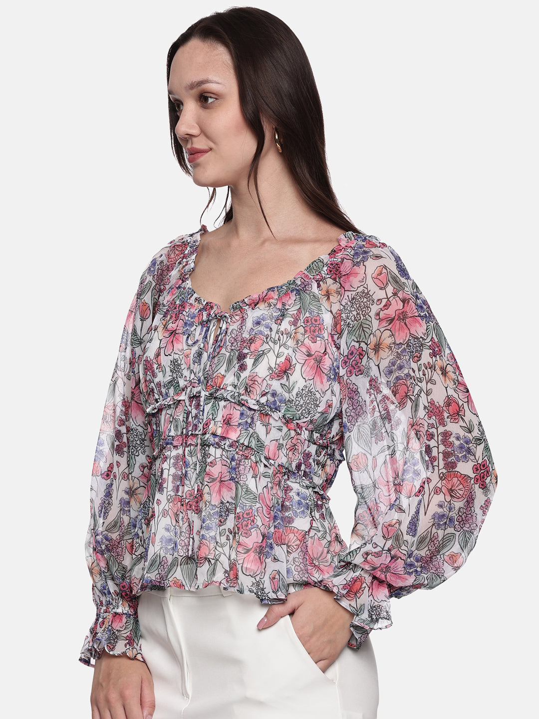 IS.U Multicolor Smocked Poet Sleeve Top